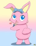 accessory anthro blue_eyes bow_ribbon butt female fur gradient_background hair_accessory hair_bow hair_ribbon heart_symbol jewelry logo looking_back necklace pink_body pink_fur ribbons simple_background solo pichu90 jewelpet sanrio sega sega_fave luna_(jewelpet) lagomorph leporid mammal rabbit 2024 artist_logo hi_res