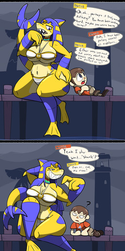 anthro big_breasts blue_body bodily_fluids breast_expansion breasts cleavage clothed clothing curvy_figure detailed_background dishonesty dockyard dorsal_fin egyptian egyptian_clothing electronics expansion fangs female female_anthro fin gullible head_fin hip_expansion hourglass_figure huge_breasts huge_hips larger_female lighthouse male male_human markings nervous nervous_sweat non-mammal_breasts palm_tree phone plant sea size_difference size_transformation smaller_male species_transformation speech_bubble striped_markings striped_tail stripes sweat sweatdrop tail tail_markings teeth text text_message texting thick_thighs thigh_expansion torn_clothing transformation tree water wide_hips yellow_body chabble animal_crossing nintendo ankha_(animal_crossing) sharkha_(chabble) villager_(animal_crossing) aquatic domestic_cat felid feline felis fish human mammal shark absurd_res comic english_text hi_res long_image tall_image