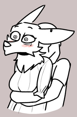 ?_face amputee anthro blush bodily_fluids clothing disability duo ear_piercing ear_ring hug long_neck missing_arm piercing ring_piercing simple_background tears unknown_artist anon paula_wolf canid canine human mammal maned_wolf