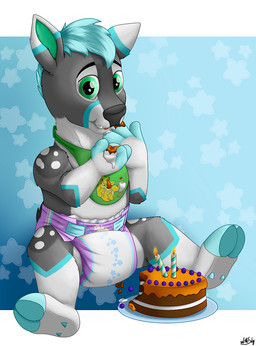 ageplay anthro bib birthday_cake cake candle clothed clothing dessert diaper food happy infantilism male messy_eater neonate roleplay smile solo wearing_diaper wetness_indicator young wittleskaj tykables tykables_unicorns desmond_(sneer) deer mammal hi_res