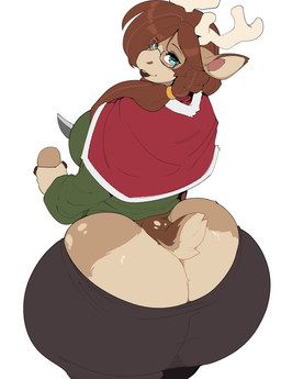 anthro antlers big_butt biped blue_eyes bottomwear breasts brown_body brown_fur brown_hair bubble_butt butt clothed clothing eyelashes eyewear female food fur glasses hair horn huge_butt knife looking_at_viewer looking_back looking_back_at_viewer medium_breasts pants plant potato pupils rear_view shirt smile solo tan_body tan_fur thick_thighs topwear vegetable wearing_glasses inu-sama siobhan_(inu-sama) deer mammal new_world_deer reindeer 2026 hi_res