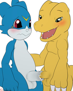 anthro balls blush bodily_fluids cum cum_in_foreskin cum_on_penis docking duo foreskin foreskin_play frottage genital_fluids genitals green_eyes humanoid_genitalia humanoid_penis male male/male penile penis penises_touching red_eyes sex winick-lim bandai_namco digimon agumon digimon_(species) veemon 4:5 absurd_res hi_res