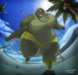 anthro ball belly big_belly big_breasts bottomwear breasts clothing cloud coconut drupe_(fruit) female food footwear fruit green_body green_scales hair huge_breasts light multicolored_body multicolored_scales net obese obese_anthro obese_female open_mouth overweight overweight_anthro overweight_female palm_tree plant scales shoes shorts sky sneakers socks solo sport sun sunlight teeth text thick_thighs topwear tree two_tone_body two_tone_scales volleyball volleyball_(ball) volleyball_court volleyball_net xxsparcoxx barda_(xxsparcoxx) crocodile crocodilian reptile scalie 2022 artist_name digital_media_(artwork) hi_res
