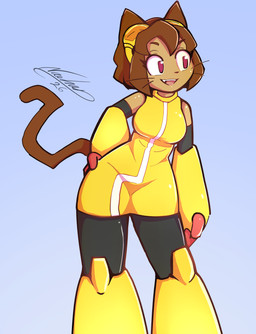 anthro clothed clothing dress female hair hands_on_hips happy leggings legwear open_mouth open_smile short_hair simple_background smile solo standing tail whiskers nachan gameoverse glitch_productions kit_bodega domestic_cat felid feline felis mammal 2026 absurd_res hi_res portrait signature three-quarter_portrait