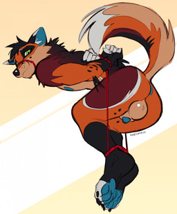 abstract_background animal_genitalia ankles_tied anthro bdsm bondage bound canine_genitalia claws fluffy fluffy_tail genitals hands_behind_back hands_tied looking_at_viewer male nude pawpads penis penis_tip raised_tail restraints rope rope_bondage sheath smile solo tail ksejl canid canine fox mammal hi_res