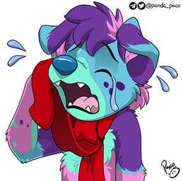 anthro blue_body blue_fur blue_nose bodily_fluids crying eyes_closed fangs front_view fur hair logo male male_anthro open_mouth pink_hair pink_tongue purple_body purple_fur purple_hair red_scarf sad scarf short_hair simple_background solo tears teeth tongue white_background pandapaco canid canine mammal 2020 artist_logo bust_portrait portrait signature