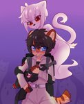 anthro belt blue_eyes duo female flying fur holidays male red_eyes scared striped_body striped_fur stripes aoizuri ghostbusters halloween ghost_(claralaine) ken_(claralaine) domestic_cat felid feline felis ghost humanoid mammal spirit hi_res