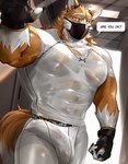 anthro big_bulge big_muscles bodily_fluids body_hair bottomwear brown_body brown_fur bulge chest_hair chest_tuft clothing compression_shorts detailed_bulge face_mask fingerless_gloves front_view fur genital_outline gloves handwear jewelry looking_at_viewer looking_down looking_down_at_viewer low-angle_view male muscle_shirt muscular muscular_anthro muscular_male necklace nipples penis_outline shirt sideways-pointing_bulge solo sweat taiol tight_clothing topwear translucent translucent_clothing tuft wet wet_clothing wet_shirt wet_topwear ig1119 canid canine mammal hi_res