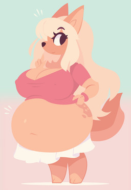 abdominal_bulge anthro belly big_belly big_breasts bloated blonde_hair bottomwear breasts cleavage clothed clothing eyelashes female hair hand_on_hip huge_belly huge_breasts hyper hyper_belly long_hair navel nipple_outline overweight overweight_anthro overweight_female pointy_ears shirt skirt smile solo straining_clothing tail topwear smuggoblin canid canine canis domestic_dog mammal 2026 digital_drawing_(artwork) digital_media_(artwork) full-length_portrait hi_res portrait