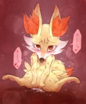 blush bodily_fluids female feral genital_fluids genitals heart_symbol in_heat inner_ear_fluff looking_at_viewer pawpads paws pussy solo text tuft vaginal_fluids ino nintendo pokemon canid canine fennekin generation_6_pokemon mammal pokemon_(species) hi_res