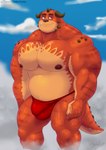 2_horns anthro biceps biped bulge clothing detailed_bulge horn male musclegut muscular muscular_anthro muscular_male nipples scales solo thong underwear jabuhusky rumble_(movie) steve_(rumble) kaiju scalie 2024 hi_res