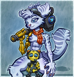 abs anthro areola athletic athletic_female blue_eyes blush blush_lines breasts claws clothed clothing cybernetic_arm cybernetic_limb duo ear_piercing ear_ring eyebrows eyelashes eyewear eyewear_on_head female fur glistening glistening_abs glistening_body glistening_breasts glistening_thighs grey_body grey_fur holding_object machine nipples piercing ring_piercing scarf simple_background smile smiling_at_viewer spread_legs spreading striped_body striped_fur stripes thick_thighs wide_hips liberdude hummer ratchet_and_clank sony_corporation sony_interactive_entertainment kit_(ratchet_and_clank) rivet_(ratchet_and_clank) lombax mammal robot 2026 absurd_res hi_res