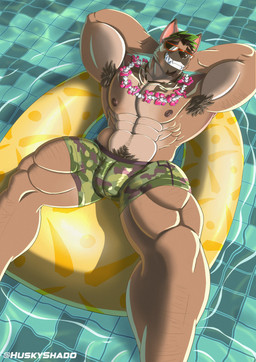anthro areola armpit_hair body_hair bottomwear brown_body brown_fur camo camo_clothing camo_print clothing eyebrows eyewear facial_hair fur hair hands_behind_head happy_trail lei lying male muscular muscular_anthro muscular_male on_back pattern_clothing pecs shorts smile smirk solo summer sunglasses swimming_pool husky_shado xxl_woofia saeng canid canine canis dobermann domestic_dog mammal pinscher absurd_res hi_res