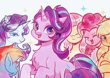 chest_tuft eyes_closed female feral group horn looking_at_viewer simple_background smile sparkles tuft wings tkotu1 friendship_is_magic hasbro my_little_pony mythology applejack_(mlp) fluttershy_(mlp) pinkie_pie_(mlp) rainbow_dash_(mlp) rarity_(mlp) starlight_glimmer_(mlp) twilight_sparkle_(mlp) earth_pony equid equine horse mammal mythological_creature mythological_equine pegasus pony unicorn hi_res