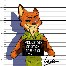 4_fingers anthro biting_on_toothpick blind_eye brown_body brown_fur chart claws clothed clothing dipstick_ears ear_markings ear_piercing eye_scar facial_scar fingers front_view fur gloves_(marking) green_eyes height_chart holding_object holding_sign jail_placard looking_at_viewer male markings metric_unit mouth_hold mugshot multicolored_ears notched_ear number orange_body orange_fur piercing placard ring scar sign sleeveless_shirt smile solo toothpick torn_clothing unit laura_ranuzzi disney zootopia nick_wilde canid canine fox mammal red_fox true_fox 1:1 2016 hi_res signature source_request