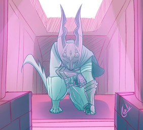 anthro armor dark detailed_background guard headgear helmet kneeling light male solo galo canid mammal species_request 2020 absurd_res hi_res sketch