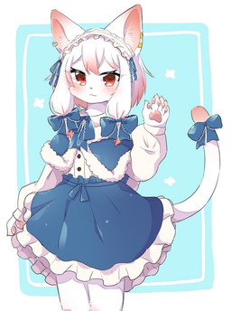 5_fingers :3 accessory anthro bangs biped blue_bottomwear blue_clothing blue_skirt blush bottomwear bow_(feature) bow_ribbon button_(fastener) capelet cheek_tuft closed_smile clothed clothing dipstick_ears dipstick_tail ear_markings ear_piercing eye_through_hair eyebrow_through_hair eyebrows facial_tuft female female_anthro fingers frilly frilly_clothing fully_clothed fur fur_trim_(clothing) furgonomics hair hair_accessory hair_bow hair_ribbon inner_ear_fluff kemono legs_together long_hair long_sleeves looking_at_viewer maid_headdress markings mouth_closed multicolored_body multicolored_ears multicolored_fur multicolored_hair pawpads piercing pink_body pink_fur pink_hair pink_inner_ear pink_nose pink_pawpads pink_tail raised_hand raised_tail red_eyes ribbons shirt skirt smile solo tail tail_accessory tail_bow tail_markings tail_ribbon tail_under_skirt topwear translucent translucent_hair tuft two_tone_body two_tone_fur two_tone_hair two_tone_tail white_body white_clothing white_fur white_hair white_shirt white_tail white_topwear kuro_kemo28 domestic_cat felid feline felis mammal 2020 digital_media_(artwork) portrait three-quarter_portrait
