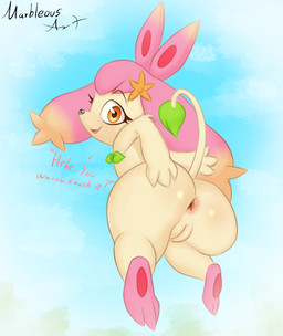 accessory anus anus_focus arm_tuft big_butt blue_sky blurred_background blush blush_lines bow_tie butt butt_focus cloud dialogue dipstick_tail elbow_tuft feet female feral flat_chested fur genitals glistening glistening_anus glistening_body glistening_butt glistening_genitalia glistening_vulva green_body green_fur green_tail green_tail_tip green_tail_tuft hair hand_on_butt hindpaw looking_at_viewer looking_back looking_back_at_viewer markings open_mouth orange_eyes palmorph pawpads paws pink_anus pink_body pink_fur pink_hair pink_paws plant plump_labia presenting presenting_anus presenting_hindquarters presenting_vulva rear_view simple_background sky smile smiling_at_viewer soles solo tail tail_markings tail_tuft tan_body tan_fur text thick_thighs toes tongue tree tuft vulva wide_hips conditional_dnp marbleous palworld pocketpair flopie pal_(species)