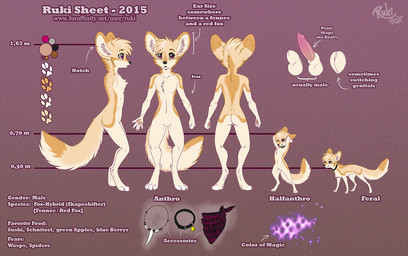 animal_genitalia animal_penis anthro balls collar erection female feral genitals jewelry magic male multiple_forms necklace pattern_background penis red_eyes scarf sheath side_view simple_background solo text turnaround vulva rukifox ruki_(rukifox) canid canine fennec_fox fox mammal true_fox 2015 english_text hi_res model_sheet url
