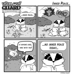 anthro biped clothed clothing dialogue dot_eyes duo meditation outside scar simple_eyes sitting solo text unknown_artist willow_guard ghweros zarar badger canid canine fox mammal mustelid musteline 2025 comic english_text