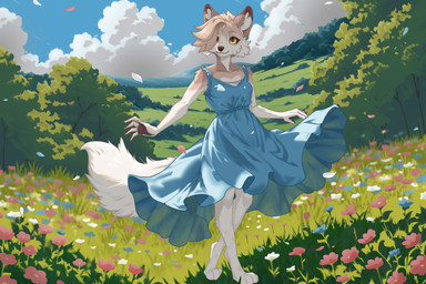 4_toes anthro arm_tuft bent_leg blue_clothing blue_dress blue_flower breasts brown_body brown_fur brown_pupils calf_tuft claws clothing cloud countershade_torso countershading dancing digitigrade dipstick_ears dress ear_markings elbow_tuft eyebrows facial_tuft feet female finger_claws flower flower_field flowing_clothing frilly fur grass hair hill inner_ear_fluff leg_tuft markings medium_breasts multicolored_ears pawpads petals pink_flower plant pupils short_hair shoulder_tuft sky solo spots spotted_body spotted_fur summer_dress tail tan_body tan_fur toes translucent translucent_clothing tree tuft white_body white_flower white_fur yellow_eyes taiyokami canid canine canis mammal wolf 3:2 absurd_res hi_res