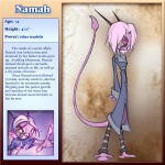 digitigrade female green_eyes green_sclera hair horn information long_coat long_tail pink_body pink_hair solo spade_tail tail text david_lillie dreamkeepers namah_calah 1:1 english_text official_art