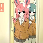 :< anthro biped black_bottomwear black_clothing black_skirt blue_body blue_hair blush blush_lines bottomwear bow_(feature) brown_uniform clothing duo female flustered hair heart_pupils inside legwear long_hair looking_at_another opening_door pink_hair pokemorph restroom_sign school_uniform shirt skirt stockings topwear uniform white_body white_clothing white_shirt white_topwear doremifaso64 nintendo pokemon eeveelution generation_4_pokemon generation_6_pokemon glaceon pokemon_(species) sylveon 1:1 digital_drawing_(artwork) digital_media_(artwork) hi_res shaded