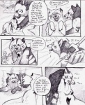 ambiguous_gender blood bodily_fluids canid canine canis comic coop_(wrng) dialogue english_text feral graphite_(artwork) greyscale group human male mammal monochrome natsume_(wrng) natsumewolf oz_(wrng) pencil_(artwork) profanity rikku text traditional_media_(artwork) wolf wolf's_rain wolf's_rain_next_generation