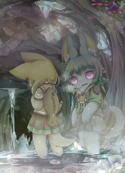 ambiguous_gender anthro anthro_focus backpack biped blonde_hair bottomwear breath brown_bottomwear brown_clothing brown_skirt cave clothed clothing crystal detailed_background duo_focus female feral fish_backpack flower front_view fully_clothed fur glistening glistening_eyes glowing green_clothing green_ears green_hair green_shirt green_topwear grey_body group hair inner_ear_fluff inside kemono larger_anthro larger_female long_hair looking_at_another looking_at_viewer monotone_body monotone_fur monotone_hair monotone_tail no_pupils partially_submerged plant purple_eyes rear_view shirt shorts size_difference skirt smaller_ambiguous smaller_feral standing standing_in_water tail tan_body tan_fur tan_tail three-quarter_view topwear trio tuft water waterfall white_body white_fur white_inner_ear_fluff white_tail yellow_clothing yellow_ears yellow_inner_ear yellow_shirt yellow_topwear young young_anthro young_female nemesia/haineko aquatic domestic_cat felid feline felis fish inanimate_object mammal colored detailed digital_media_(artwork) hi_res portrait shaded three-quarter_portrait