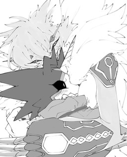 anthro armor black_eyes blush body_armor breasts cape clothing cross_pupils cuddling duo face_in_breasts female gauntlet_(weapon) gauntlet_blades gauntlets_(weapon) male male/female markings neck_belt shocked shoulder_pads simple_background smirking_at_partner tuft phantom_phony bandai_namco digimon digimon_(species) domestic_cat felid feline felis gulusgammamon maine_coon mammal meicrackmon meicrackmon_vicious_mode black_and_white hi_res monochrome
