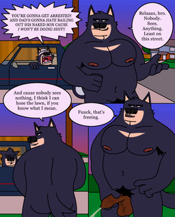 abs anthro armpit_hair balls black_body black_outline bodily_fluids body_hair car clothing dialogue eyebrows facial_hair foreskin fur genital_fluids genitals jockstrap male muscular muscular_male mustache nipples outdoor_nudity outline outside overweight peeing penis pubes sigh solo speech_bubble sunset tail tan_body tan_fur text thick_eyebrows underwear underwear_on_face underwear_on_head urine vehicle watersports yelling eddicus edgar_(eddicus) joel_(eddicus) canid canine canis domestic_dog husky mammal nordic_sled_dog spitz absurd_res comic english_text hi_res brother_(lore) brothers_(lore) sibling_(lore)