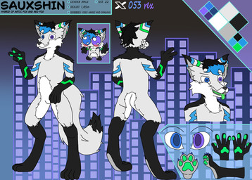 abstract_background anthro black_body blue_body blue_eyes green_body green_pawpads grey_body heterochromia male male_anthro markings pawpads purple_eyes simple_background stated_age white_body 053rex sauxshin canid canine canis mammal wolf absurd_res hi_res model_sheet