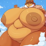 4_fingers anthro belly big_breasts big_nipples blush breasts brown_body brown_fur brown_hair brown_nipples clothed clothing cloud deep_navel eyewear female fingers fur genitals glasses hair huge_breasts igloo jacket navel nipples obese outside overweight overweight_anthro overweight_female pussy snow snowman solo standing topwear yellow_eyes hidenafox bear mammal 1:1 absurd_res hi_res