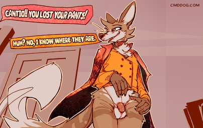 anthro balls biped bottomless bottomless_anthro bottomless_male brown_body brown_fur casual_exposure claws clothed clothing coat_over_shoulders collar dialogue finger_claws flaccid foreskin fur genitals humanoid_genitalia humanoid_penis male male_anthro multicolored_body multicolored_fur penis solo speech_bubble text topwear vest white_body white_fur lawyerdog cantio_(lawyerdog) canid canine canis coyote mammal 2026 digital_media_(artwork) english_text hi_res url