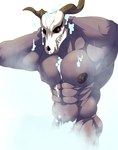 abs bathing biped bone convenient_censorship horn looking_at_viewer male muscular muscular_male navel nipples pecs purple_body red_eyes showering simple_background skull skull_head solo standing zaqiizawa the_ancient_magus_bride elias_ainsworth demon demon_humanoid humanoid