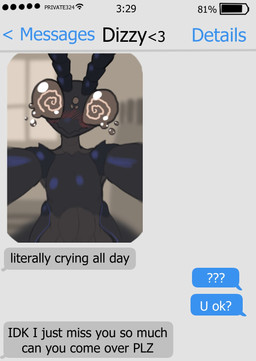 antennae_(anatomy) anthro biped black_body blush bodily_fluids brown_body brown_eyes crying dialogue front_view male mouth_closed multicolored_body question_mark solo spiral spiral_eyes spiral_pupils tears text artlegionary dizzy_(artlegionary) arthropod insect mantis english_text hi_res