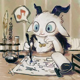 2_horns ambiguous_anthro ambiguous_gender anthro arm_support black_horn book drawing_(action) front_view fur holding_object holding_pen horn inkwell leaning_on_elbow loose_feather musical_note musical_symbol neck_tuft paper pen quill ruff scroll solo speech_bubble symbol tuft vial white_body white_fur writing_utensil hakugin bovid caprine demon goat hybrid mammal 1:1 2016