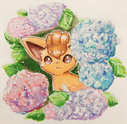 :3 ambiguous_gender blue_flower blush blush_lines brown_body brown_eyes brown_fur brown_hair brown_inner_ear brown_nose detailed_background feral flower fur hair hydrangea leaf mouth_closed pink_flower plant solo すこーる nintendo pokemon vulpix_day generation_1_pokemon pokemon_(species) vulpix 2019 icon