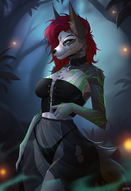anthro biped breasts claws clothed clothed_anthro clothed_female clothing collar countershade_torso countershading female fingers front_view fur hair navel panties solo standing tail teeth underwear lesspie canid canine mammal 2026 digital_drawing_(artwork) digital_media_(artwork) hi_res