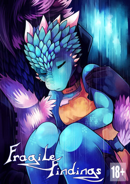 ambiguous_gender anthro biped blue_body blue_scales carrying_another carrying_partner clothed clothing collar duo eyes_closed female horn raining scales text anonymous_artist zuka_(fragile_findings) kobold reptile scalie unknown_species 2018 comic cover cover_art cover_page english_text