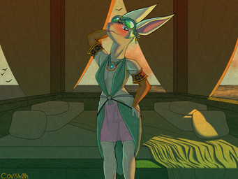 3_eyes anthro armwear bedroom blonde_hair breasts bridal_gauntlets camel_toe clothed clothing eyewear eyewear_on_head female goggles goggles_on_head green_body green_clothing hair hand_behind_head hand_on_hip inside jewelry looking_at_viewer multi_eye necklace seductive smile smiling_at_viewer solo standing third_eye_closed translucent translucent_clothing covish05 nintendo tears_of_the_kingdom the_legend_of_zelda mineru mammal zonai 2025 hi_res portrait three-quarter_portrait