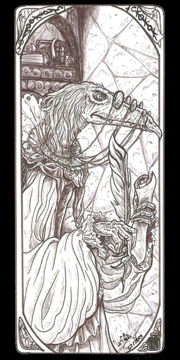anthro art_nouveau elderly elderly_intersex eyewear glasses gown herm intersex loose_feather multi_limb quill renaissance_clothing scroll text skekla_(artist) the_dark_crystal skekok_the_scroll_keeper alien skeksis 2014 english_description english_text hi_res portrait signature