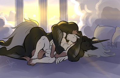 anthro anthro_on_anthro balls biceps black_body black_fur cuddling duo eyes_closed fur genitals hair hairy horn male male/male mane muscular muscular_male nude red_hair sun white_body white_fur white_hair bgn mythology equid equine mammal mythological_creature mythological_equine unicorn digital_media_(artwork)