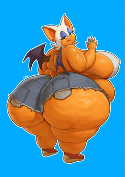 5_fingers anthro back_fat belly big_belly big_breasts big_butt blue_background bottom_heavy bottomwear bra breasts bubble_butt butt butt_focus cellulite cheek_tuft clothed clothing eyelashes facial_tuft fat_legs female fingernails fingers footwear glistening glistening_belly glistening_body glistening_breasts glistening_butt green_eyes hair half-closed_eyes huge_belly huge_breasts huge_butt looking_at_viewer looking_back nails narrowed_eyes obese obese_anthro obese_female overweight overweight_anthro overweight_female pants partially_clothed rear_view shoes shoes_on short_tail shorts simple_background smile solo tail thick_thighs torn_bottomwear torn_clothing torn_pants torn_shorts tuft underwear white_hair wide_hips wings yellow_body totesfleisch8 sega sonic_the_hedgehog_(series) rouge_the_bat bat mammal hi_res signature