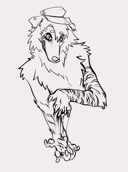 anthro blood bodily_fluids clothing fur grin hat headgear headwear male scar self-harm self-harm_scars simple_background smile solo tan_background teeth puppy_meats rooster_(rottingxrooster) canid canine canis domestic_dog mammal hi_res