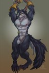 anthro armpit_hair arms_above_head arms_tied bodily_fluids body_hair bound claws clothing fur male muscular nipples solo sweat sweatdrop tail teeth underwear 1oi conditional_dnp league_of_legends riot_games tencent warwick_(lol) canid canine canis mammal wolf 2024 absurd_res hi_res