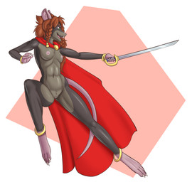 5_fingers anthro areola black_body black_fur braided_hair braided_pigtails breasts cloak cloak_only clothing female fingers fur genitals gold_(metal) gold_jewelry green_eyes grey_body grey_fur hair holding_melee_weapon holding_object holding_sword holding_weapon jewelry jumping melee_weapon nipples nude nude_anthro nude_female open_mouth pigtails rat_tail red_hair simple_background small_breasts smile solo sword tail teeth vulva weapon fourssss akna_(bahumot) mammal murid murine rat rodent 2022 digital_media_(artwork) hi_res