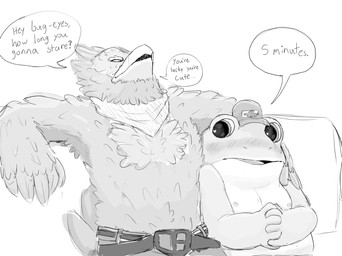 anthro arm_around_partner baseball_cap beak belt belt_buckle blush bottomwear buckle clothing dialogue duo feather_hands feathers hat headgear headwear heart_eyes heart_symbol kerchief larger_anthro larger_male leaning leaning_backward looking_at_another male male/male male_anthro neckerchief neckwear nipples overweight overweight_anthro overweight_male pants shirtless_anthro shirtless_male sitting size_difference smaller_anthro smaller_male speech_bubble text touching_another friedpeep nintendo star_fox star_fox_(2026) falco_lombardi slippy_toad amphibian avian frog digital_media_(artwork) english_text greyscale hi_res monochrome