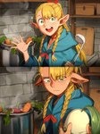 2024 3:4 5_fingers absurd_res ambiguous_gender blonde_hair chikorita clothed clothing cooking crossover delicious_in_dungeon elf fingers generation_2_pokemon green_eyes group hair hi_res holding_ladle human humanoid_pointy_ears khyleri kitchen_utensils ladle looking_at_another mammal marcille_donato nintendo open_mouth open_smile pokemon pokemon_(species) smile teeth tongue tools trio