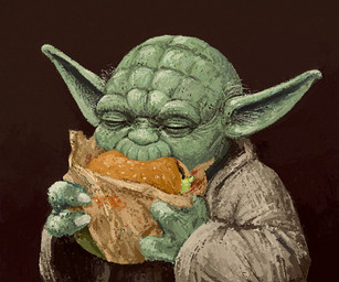 3_fingers burger clothing eating eating_food eyes_closed fingers food green_body holding_burger holding_food holding_object male pointy_ears solo tan_clothing ectoplusma star_wars yoda alien alien_humanoid humanoid yoda's_species
